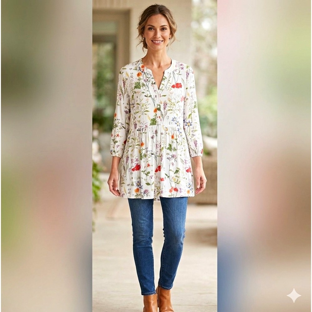 Unbranded Floral Rayon Tunic Blouse S White Peplum Top Boho Cottagecore Prairie